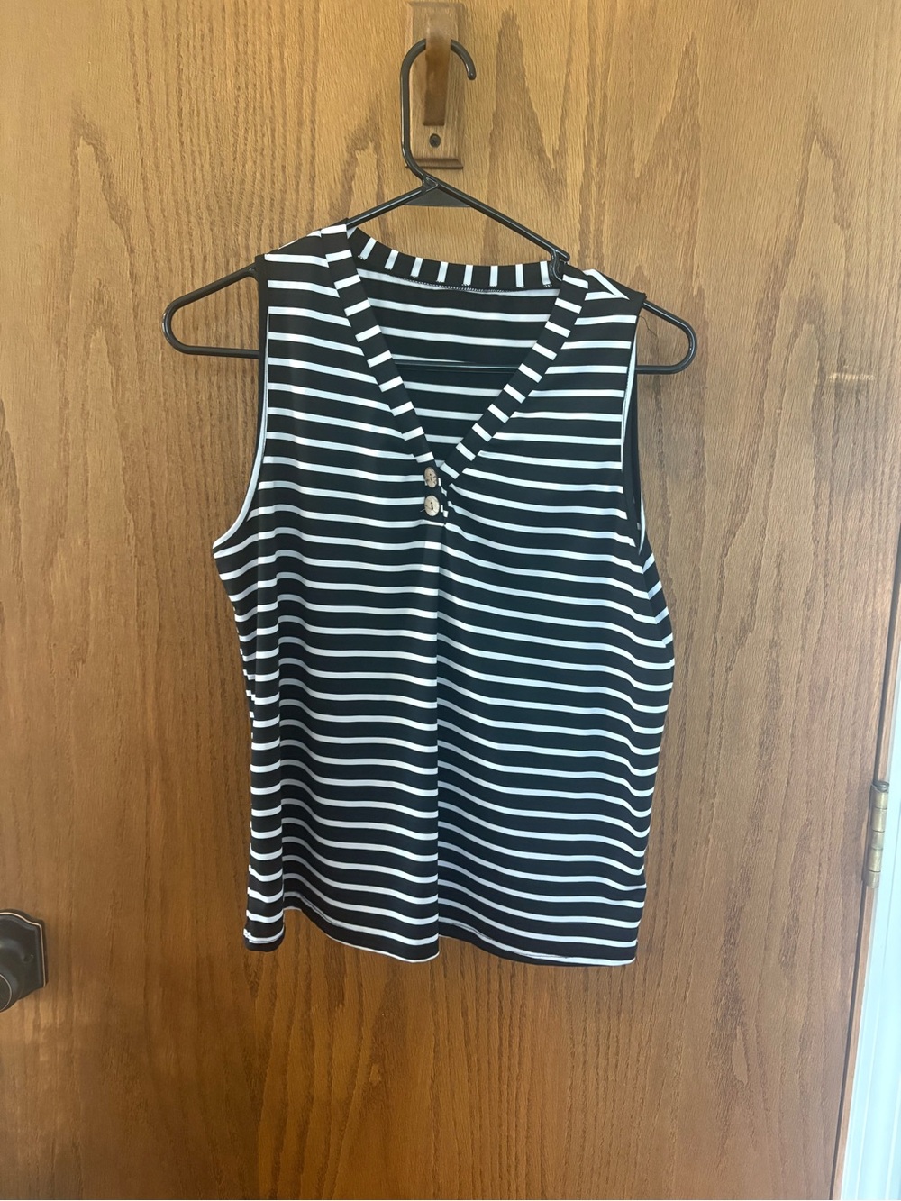 SHEIN Black & White Striped V-Neck Tank with Button Detail